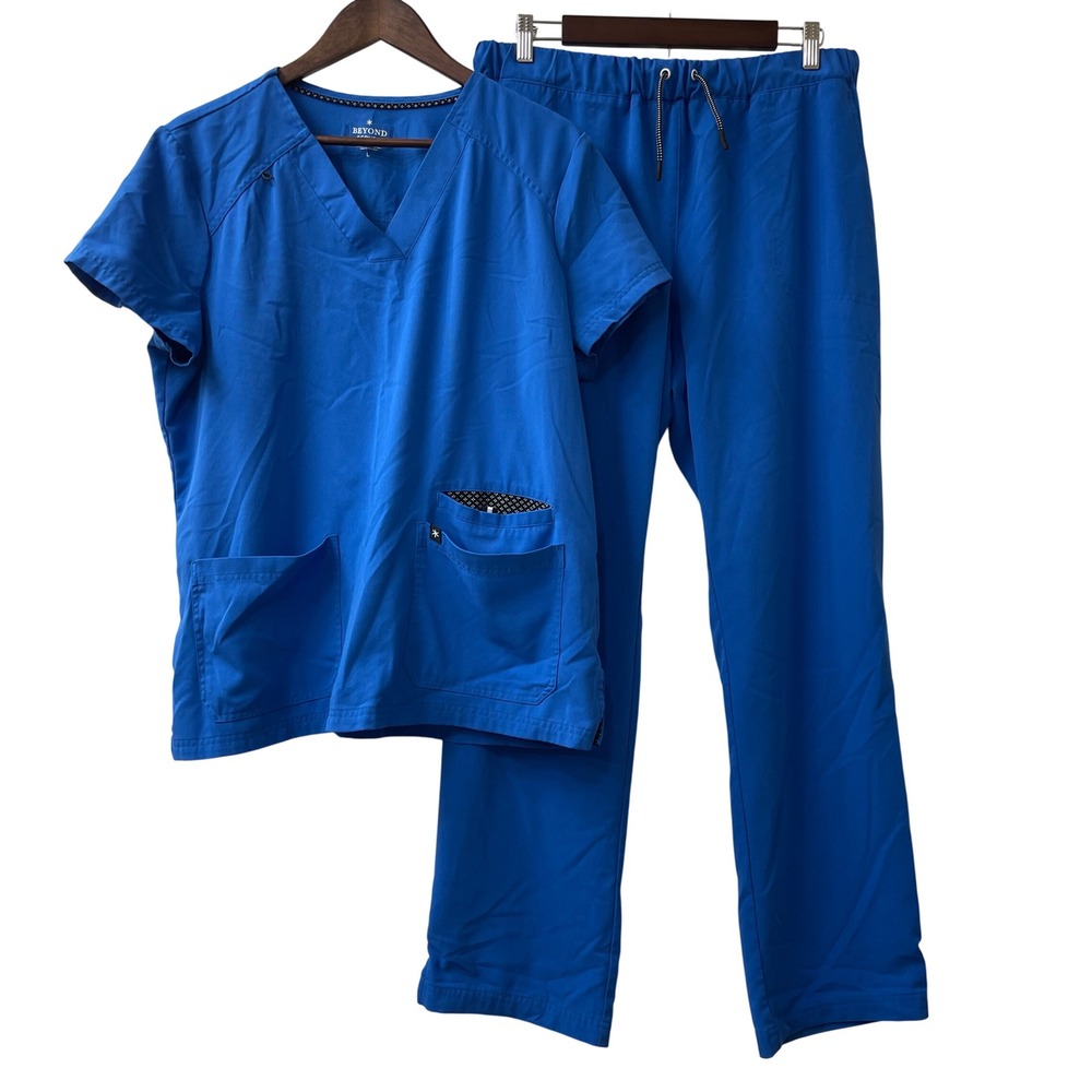 Beyond Scrubs Scrub Set Womens Large Blue Stretch Medical Uniform Nursing